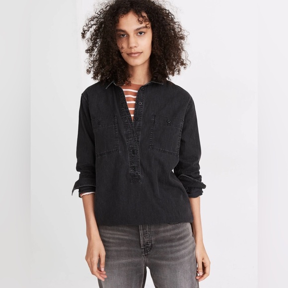 NWT Madewell Denim Popover Top Long Sleeve in Black Wash Size Small - Picture 1 of 14